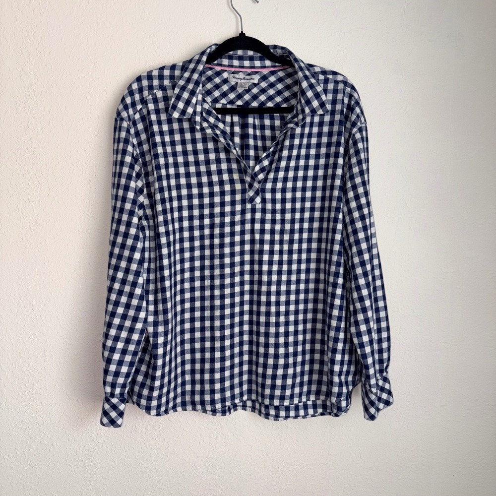 Tommy Bahama Gingham Top XL Blue White Excellent Split Neck Cotton Popover